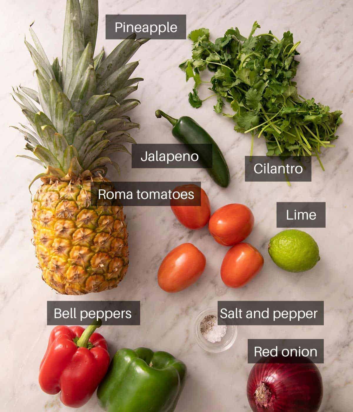 An overhead shot of all the ingredients you need to make pineapple salsa