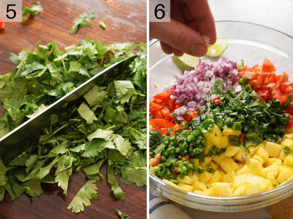 Chopped up cilantro and all pineapple ingredients in a bowl