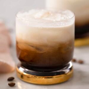 A close up of a White Russian cocktail