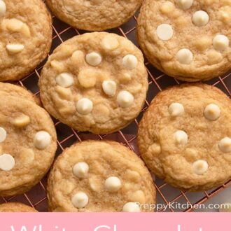 a pinterest graphic of several white chocolate chips cookies on a cooling rack