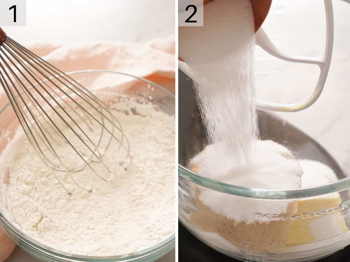 Mixing flour with a whisk and adding sugar to a mixing bowl