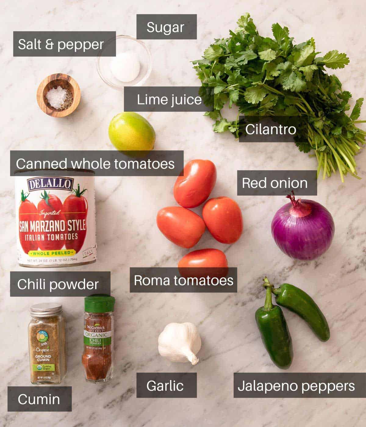 An overhead shot of all the ingredients you need to make salsa