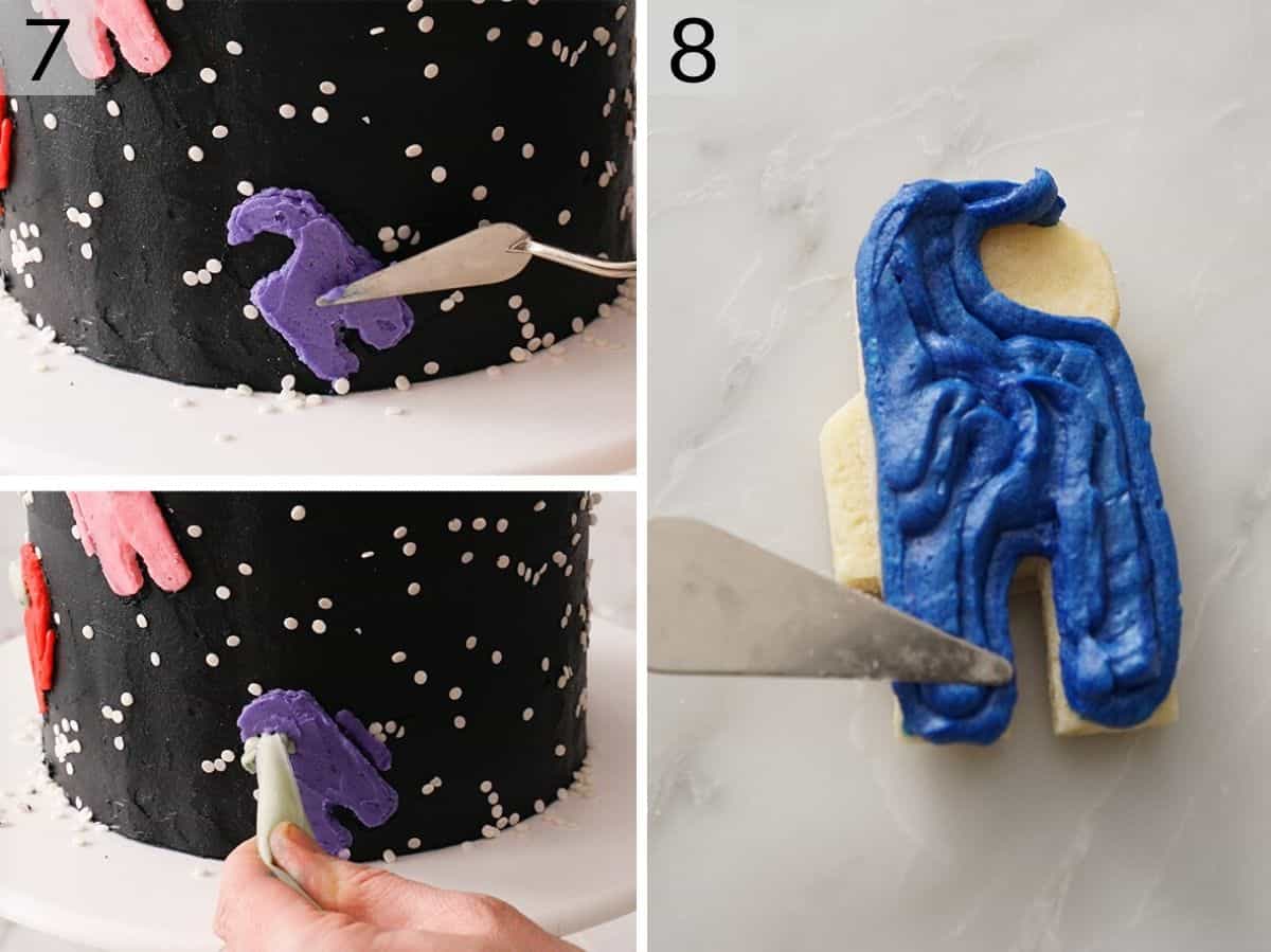 Two photos showing how to decorate astronauts to put on a cake