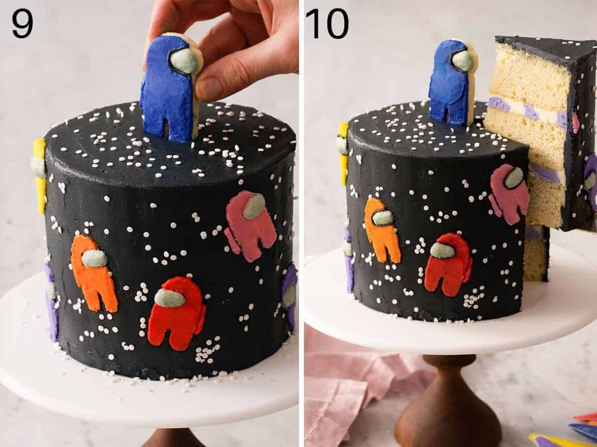 Two photos showing the finished among us cake and what it looks like inside