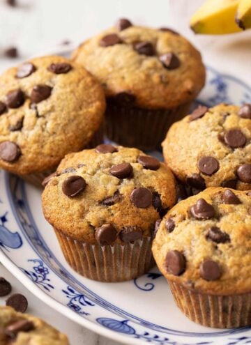 A close up of banana chocolate chip muffins