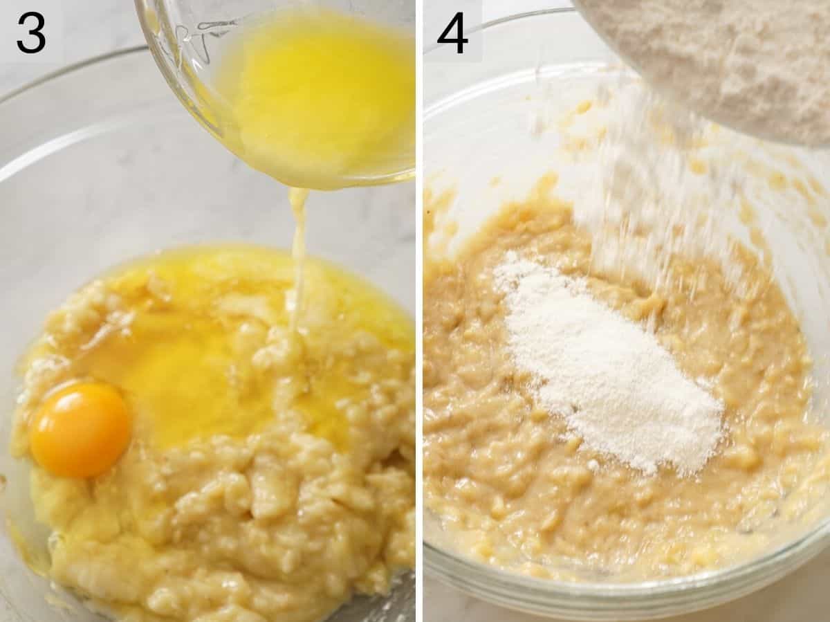 Two photos showing how to add wet and dry ingredients to mashed bananas