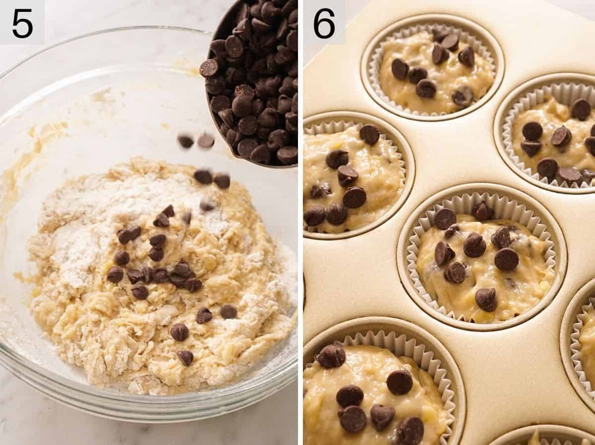 Two photos showing how to make banana chocolate chip muffins