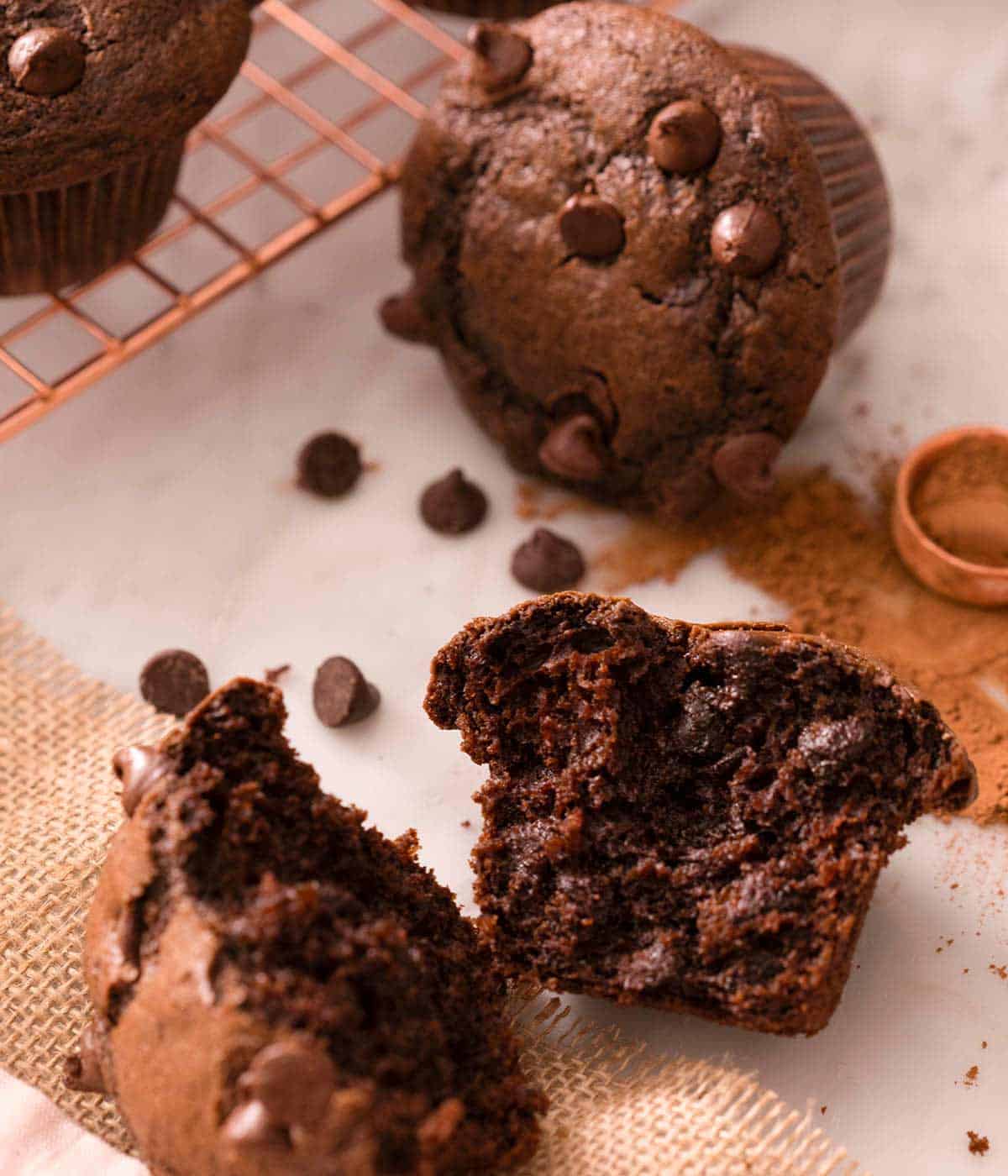 A chocolate muffins cut in half