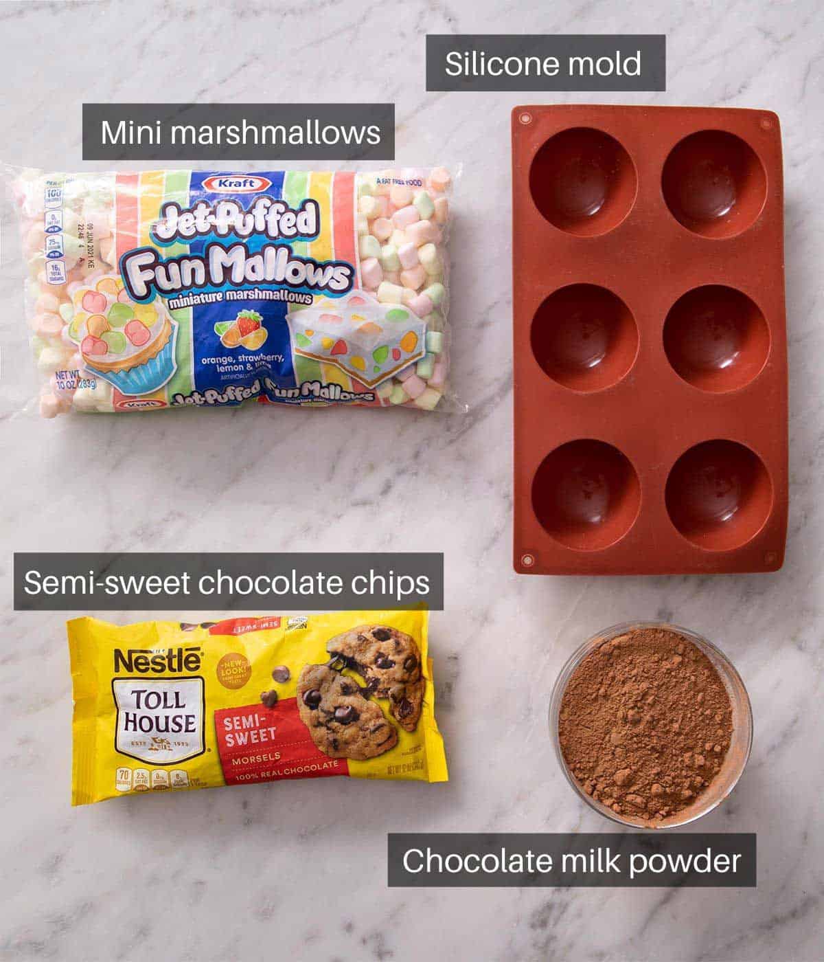 An overhead shot of all the ingredients you need to make hot chocolate bombs