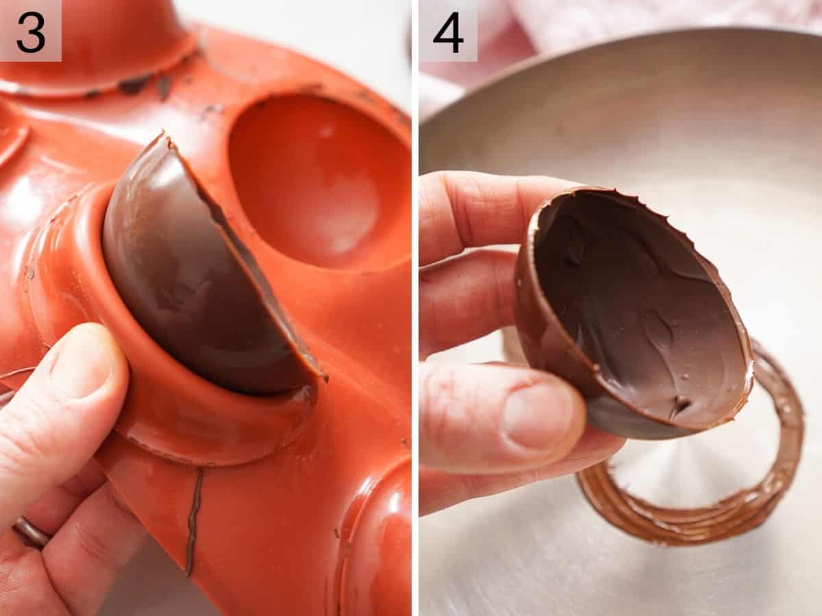 Two photos showing how to remove a hot chocolate bomb from a silicone mold