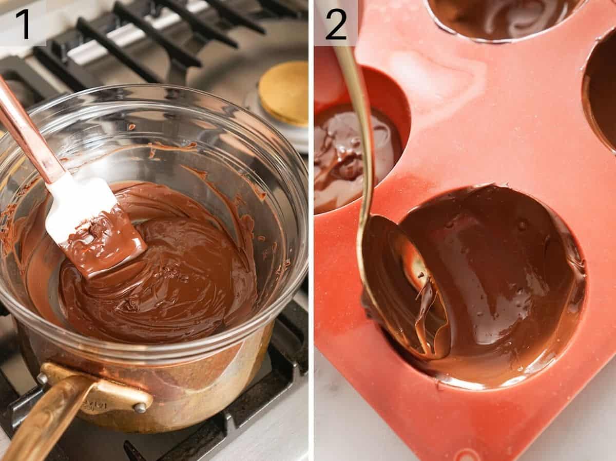 Two photos showing how to melt chocolate and fill a silicone mold
