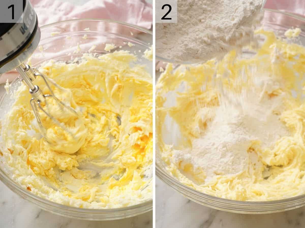Two photos showing how to cream butter and sugar together