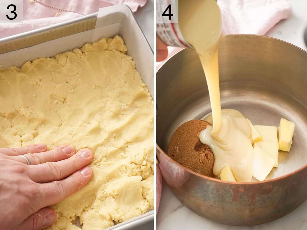 Two photos showing how to make shortbread and caramel layers