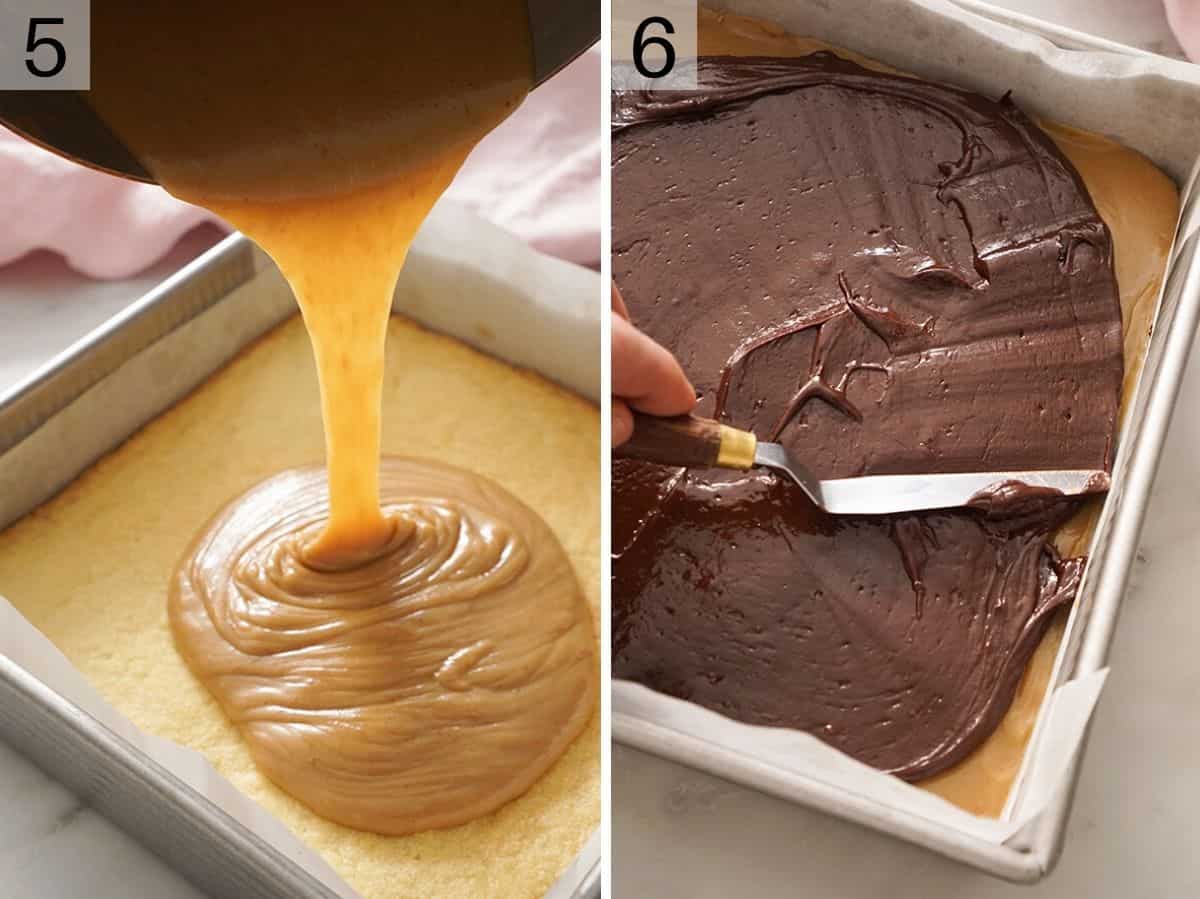Two photos showing how to layer caramel and chocolate on top of shortbread