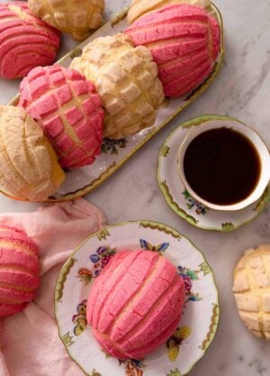 An overhead shot of Pan Dulce and a cup of coffee