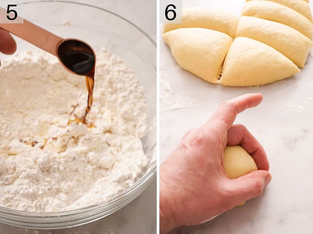 Two photos showing how to make the topping for Pan Dulce and how to shape them into balls