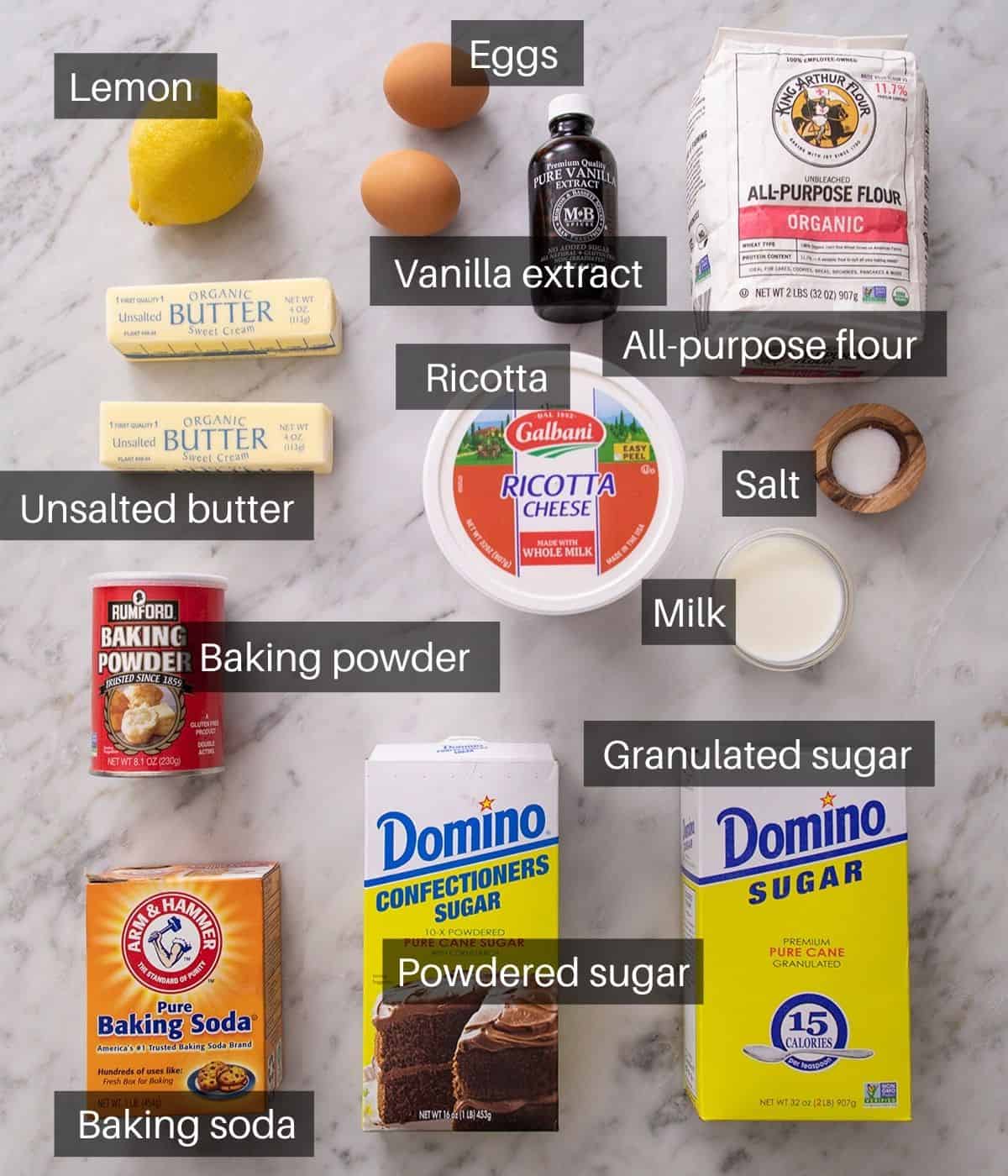 An overhead shot of all the ingredients you need to make ricotta cookies