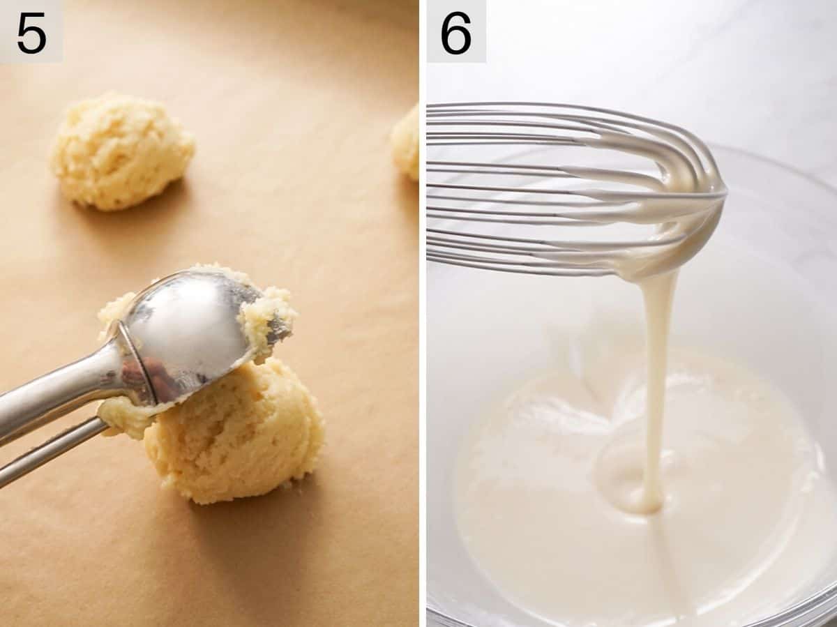Scooping cookies out onto a baking sheet and a shot showing how to make the glaze
