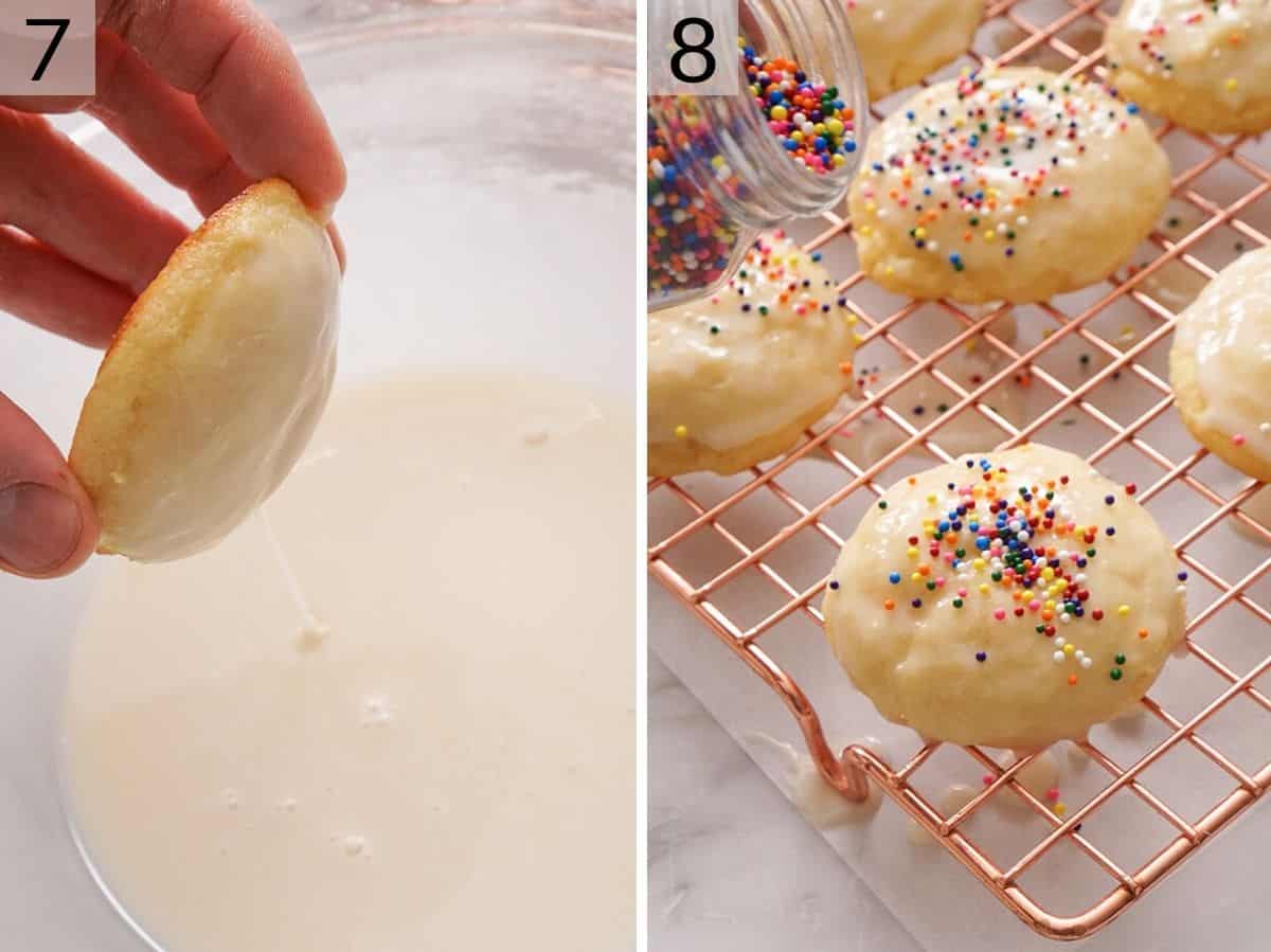 Two photos showing how to glaze and decorate ricotta cookies