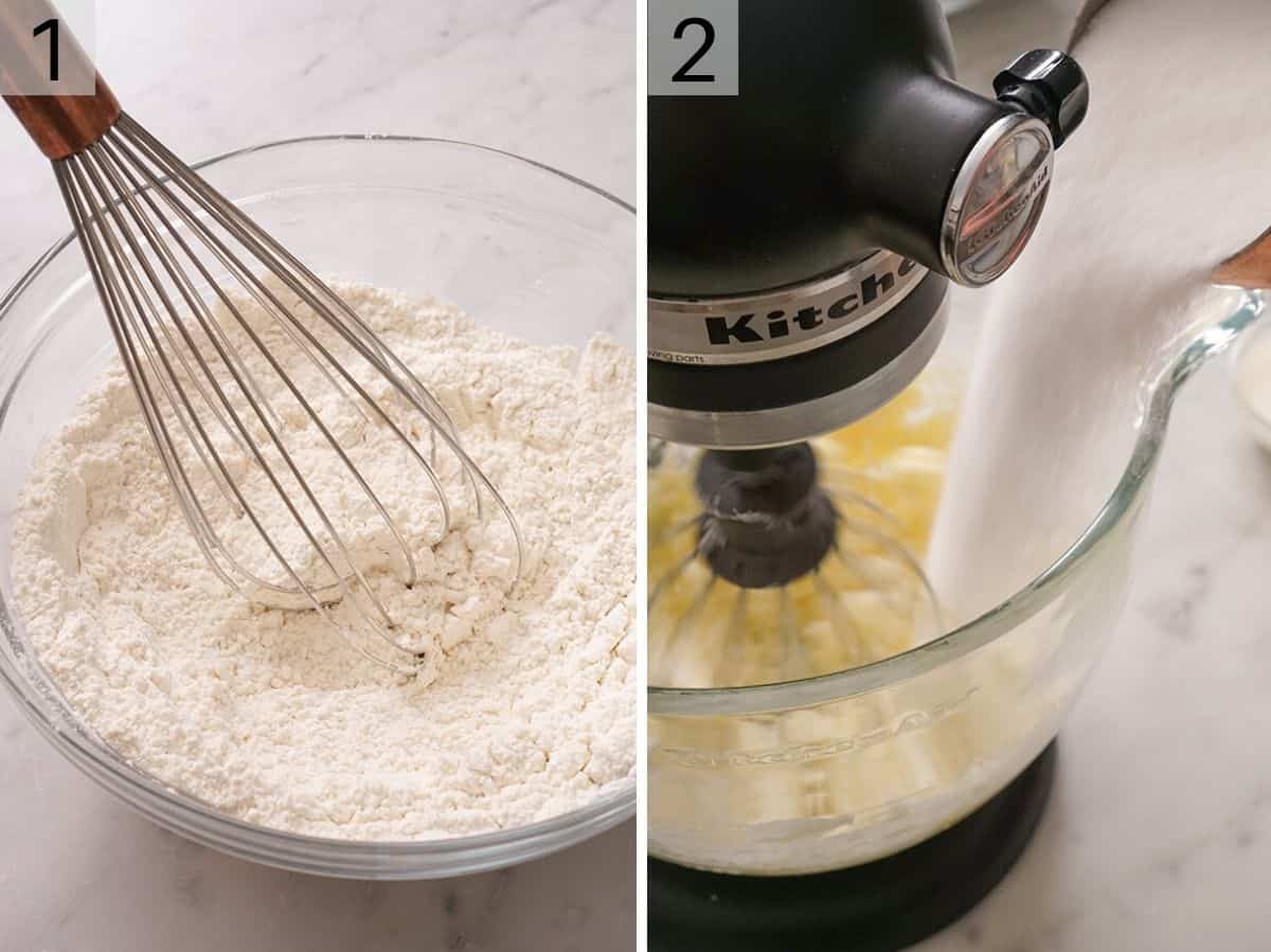 Dry ingredients getting mixed in a bowl and a photo showing how to cream butter and sugar together