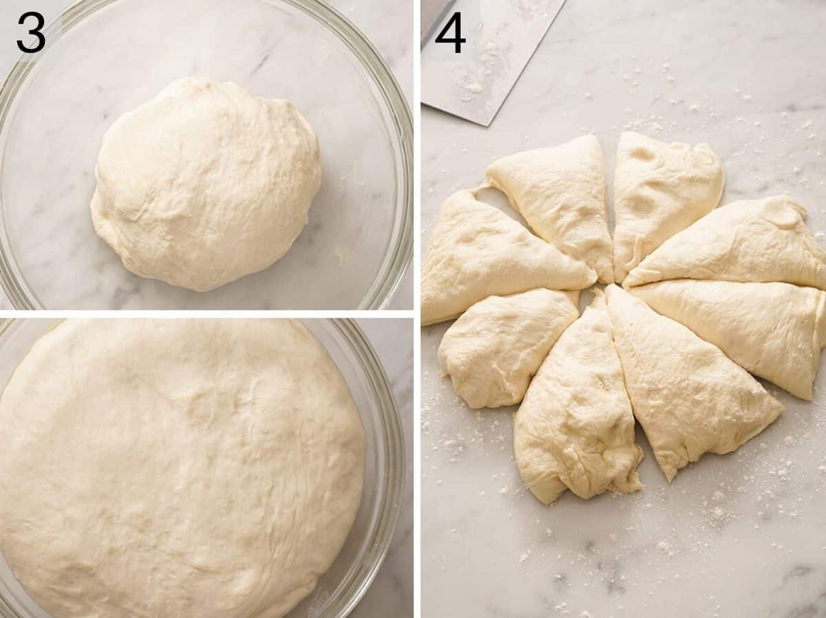 Three photos showing dough rising and it cut into portions