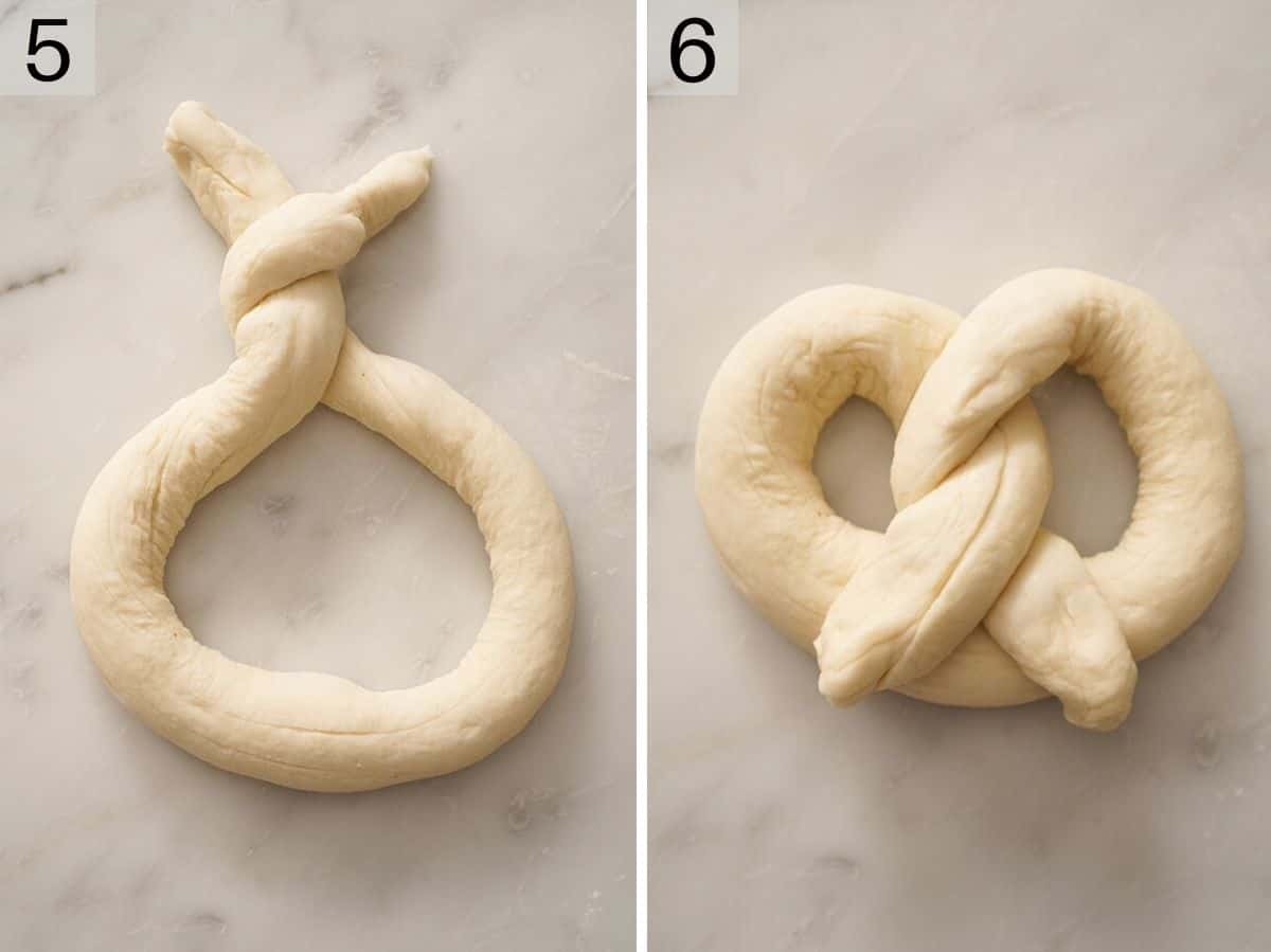 Two photos showing how to shape soft pretzels