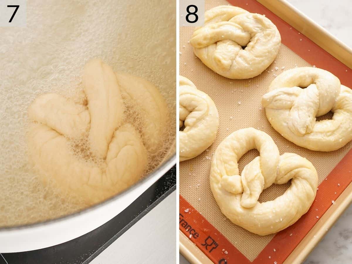 Two photos showing how to boil and then bake pretzels