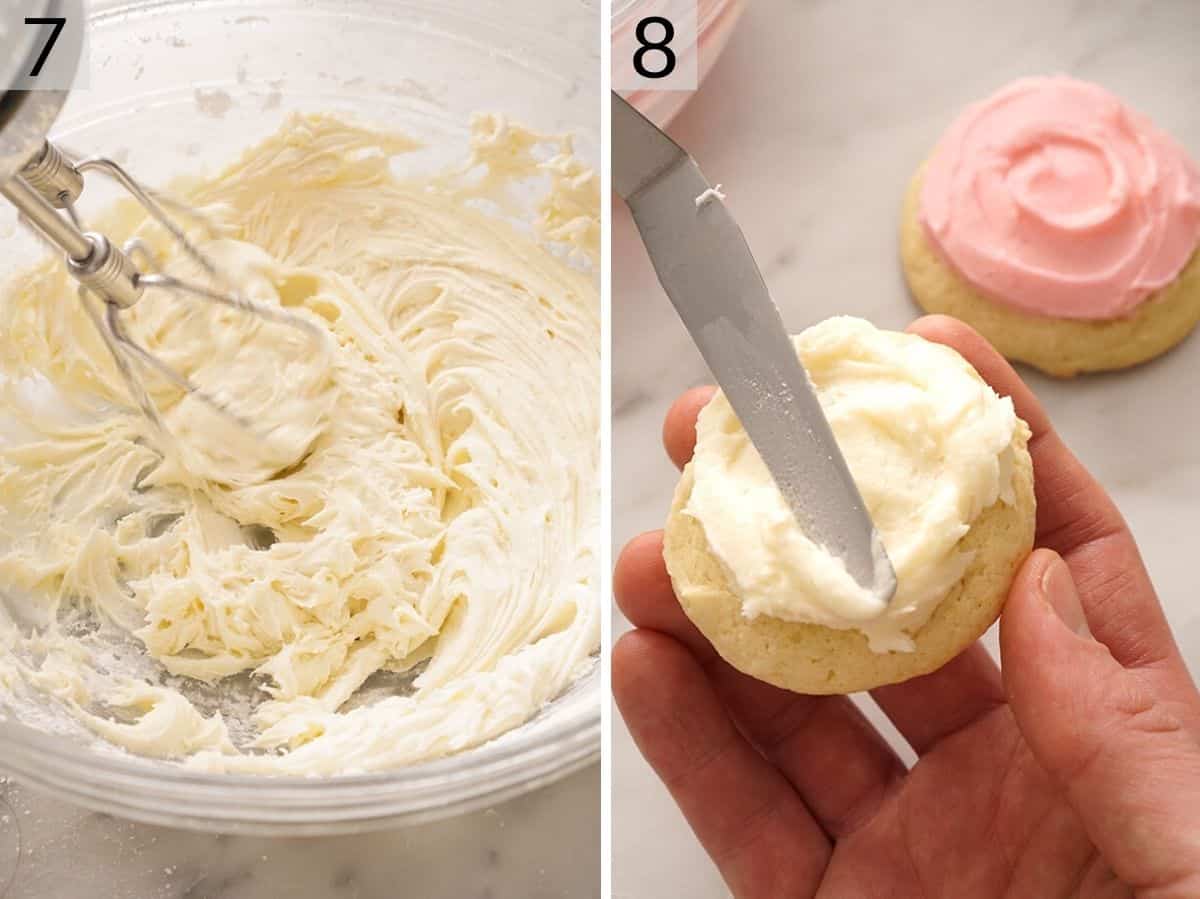 Two photos showing how to make buttercream and frost cookies