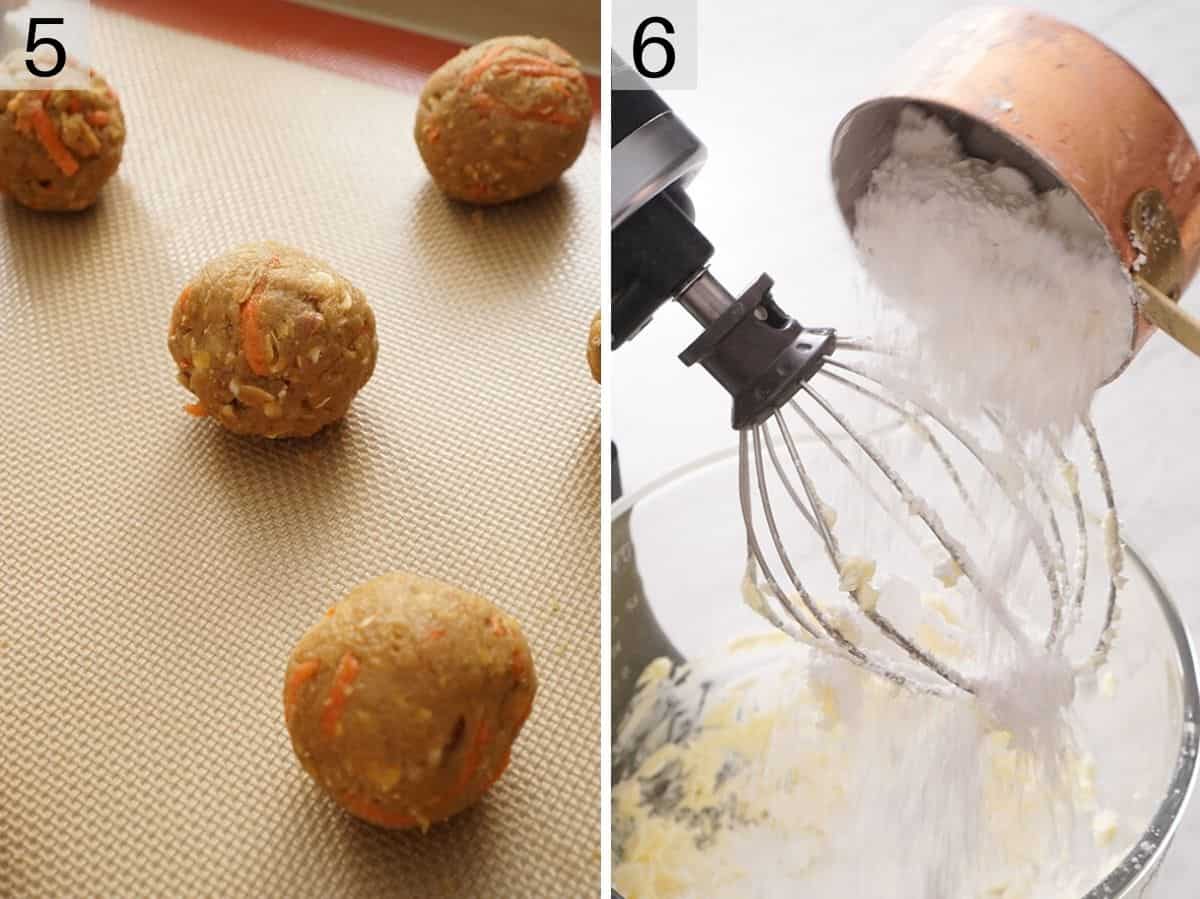 Carrot cake cookies on a baking sheet and a photo showing how to make the frosting