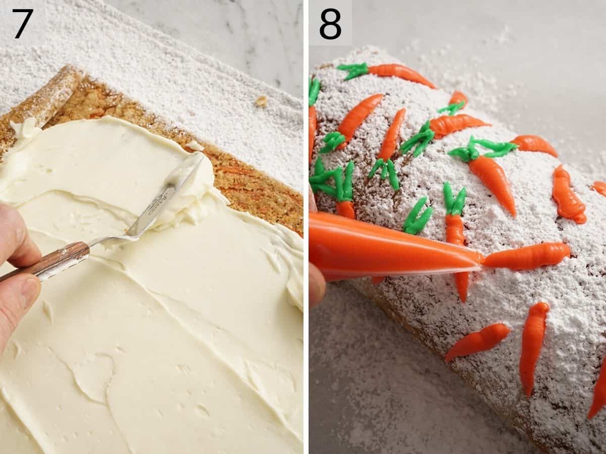 Frosting getting spread on a carrot cake roll and a photo showing how to decorate it after rolling