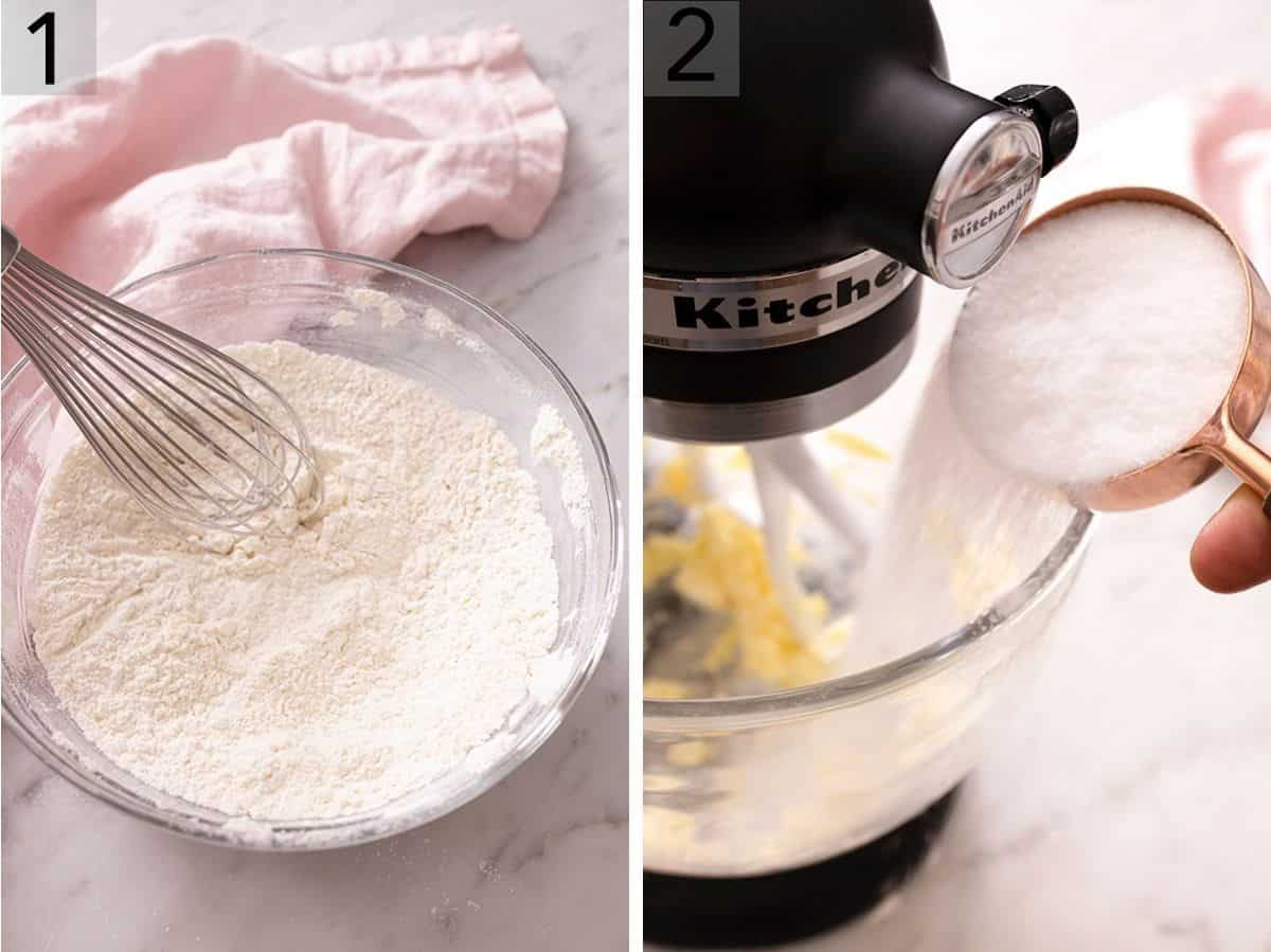 Set of 2 photos showing dry ingredients being mixed and butter and sugar being creamed in a mixer.