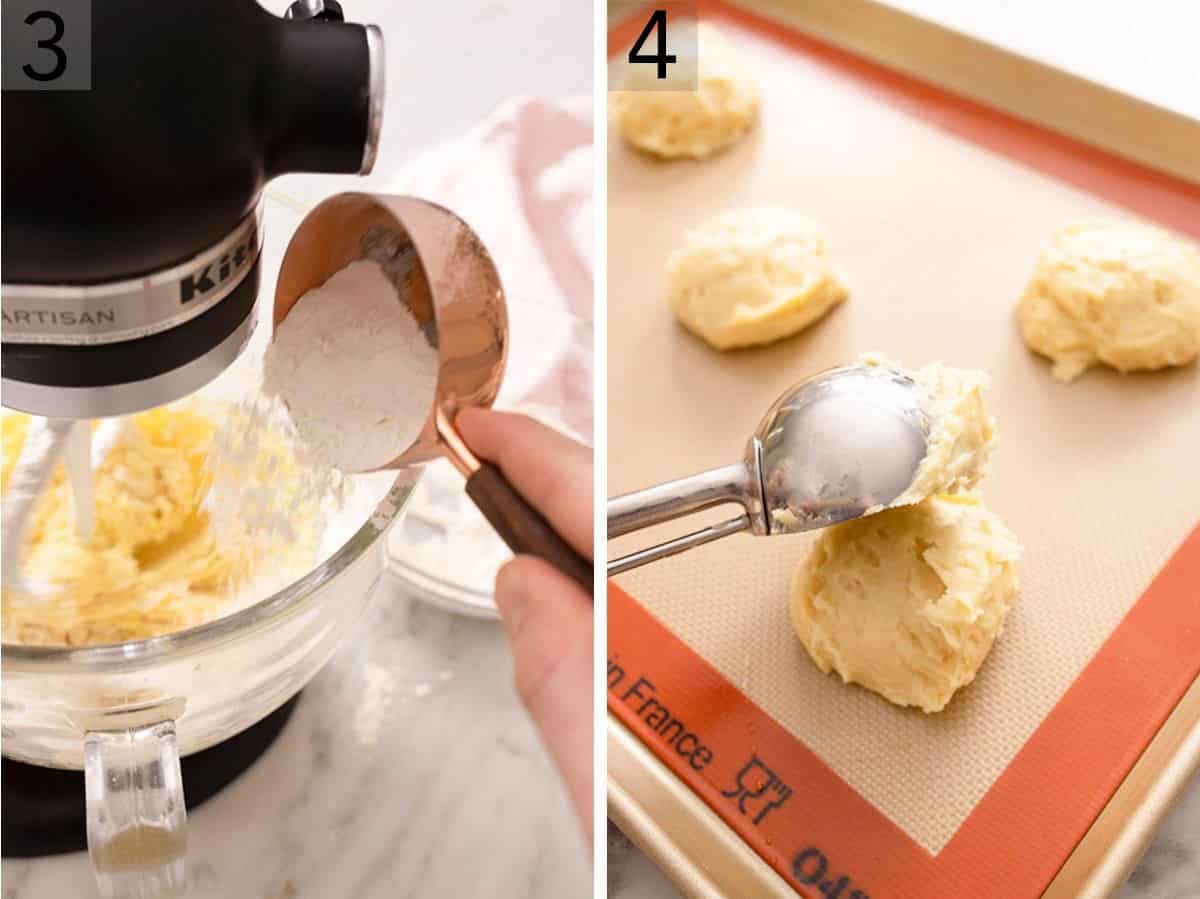 Set of two photos showing dry ingredients added to the mixer and cookie dough being scooped out.