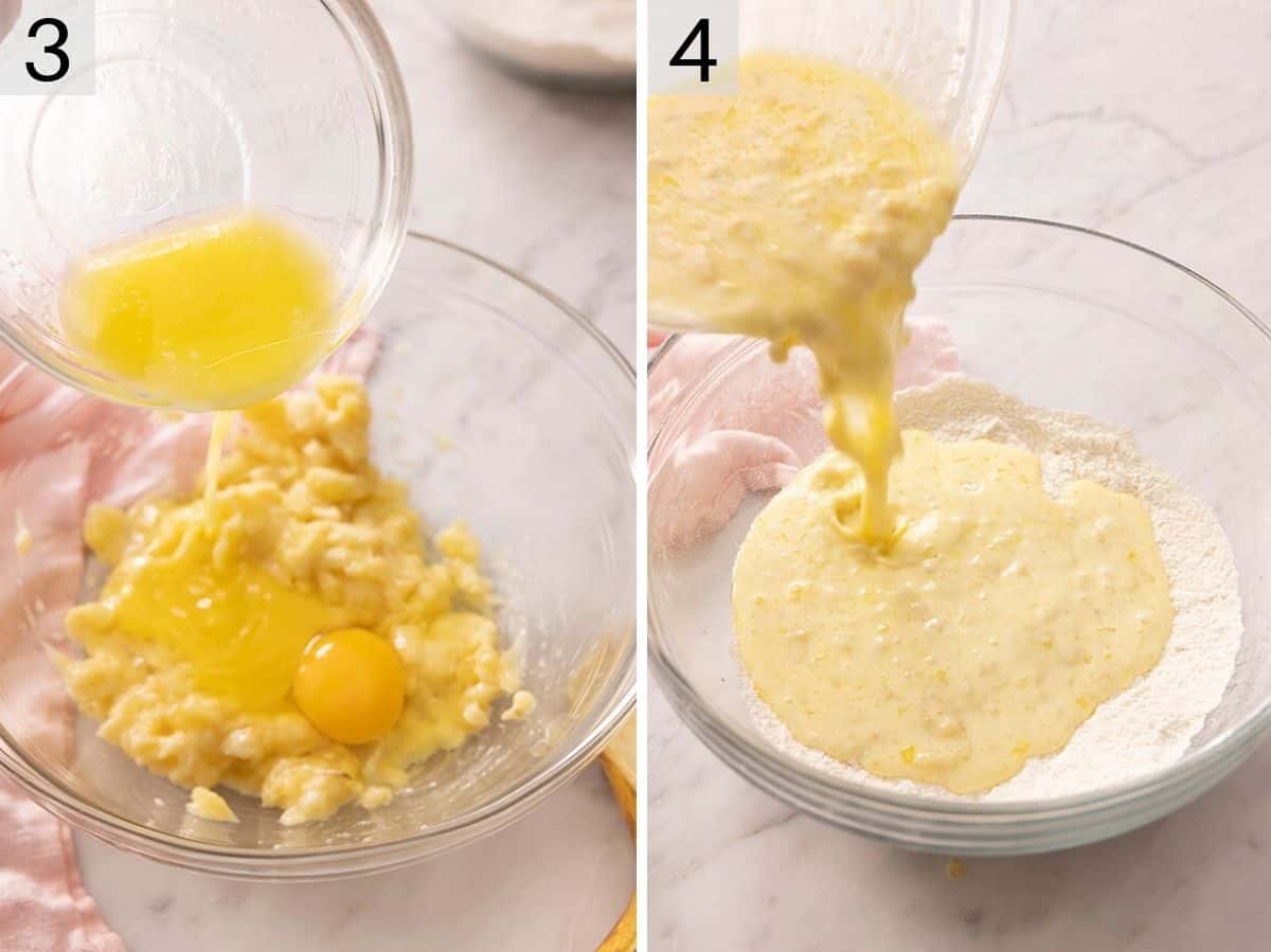 Two photos showing how to mix eggs, banana and flour together