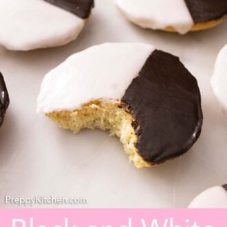 Pinterest graphic of black and white cookies, with a bite taken out of it.