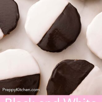 Pinterest graphic of an overhead view of multiple black and white cookies.