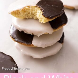 Pinterest graphic of a stack of four black and white cookies.