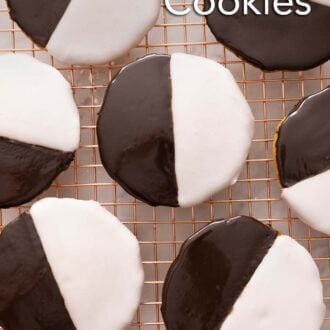 Pinterest graphic of black and white cookies on a cooling rack.