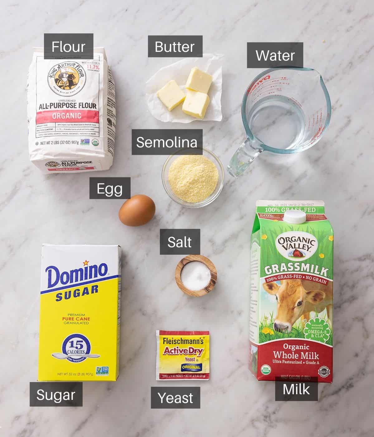 An overhead shot of all the ingredients you need to make English Muffins