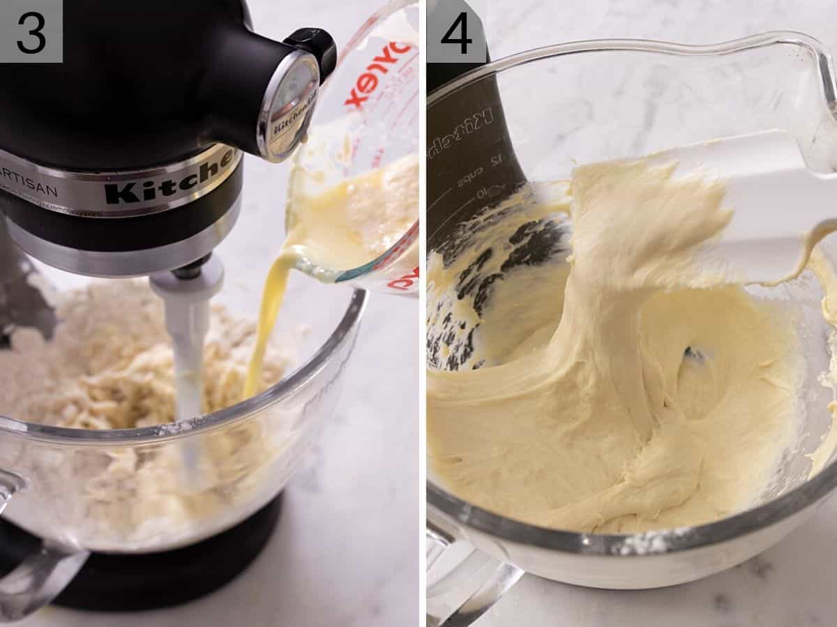Two photos showing how to make English Muffin dough in a stand mixer