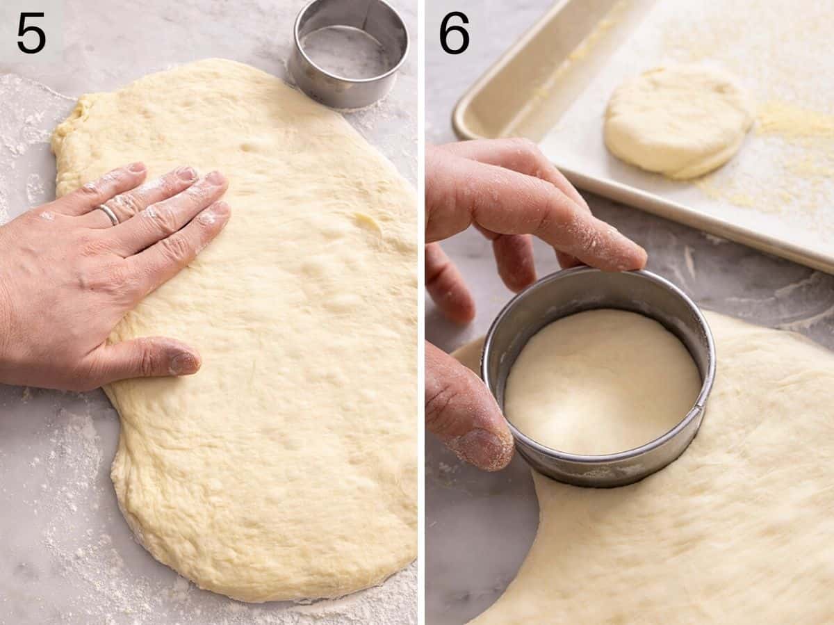 Two photos showing how to roll out and cut out english muffins