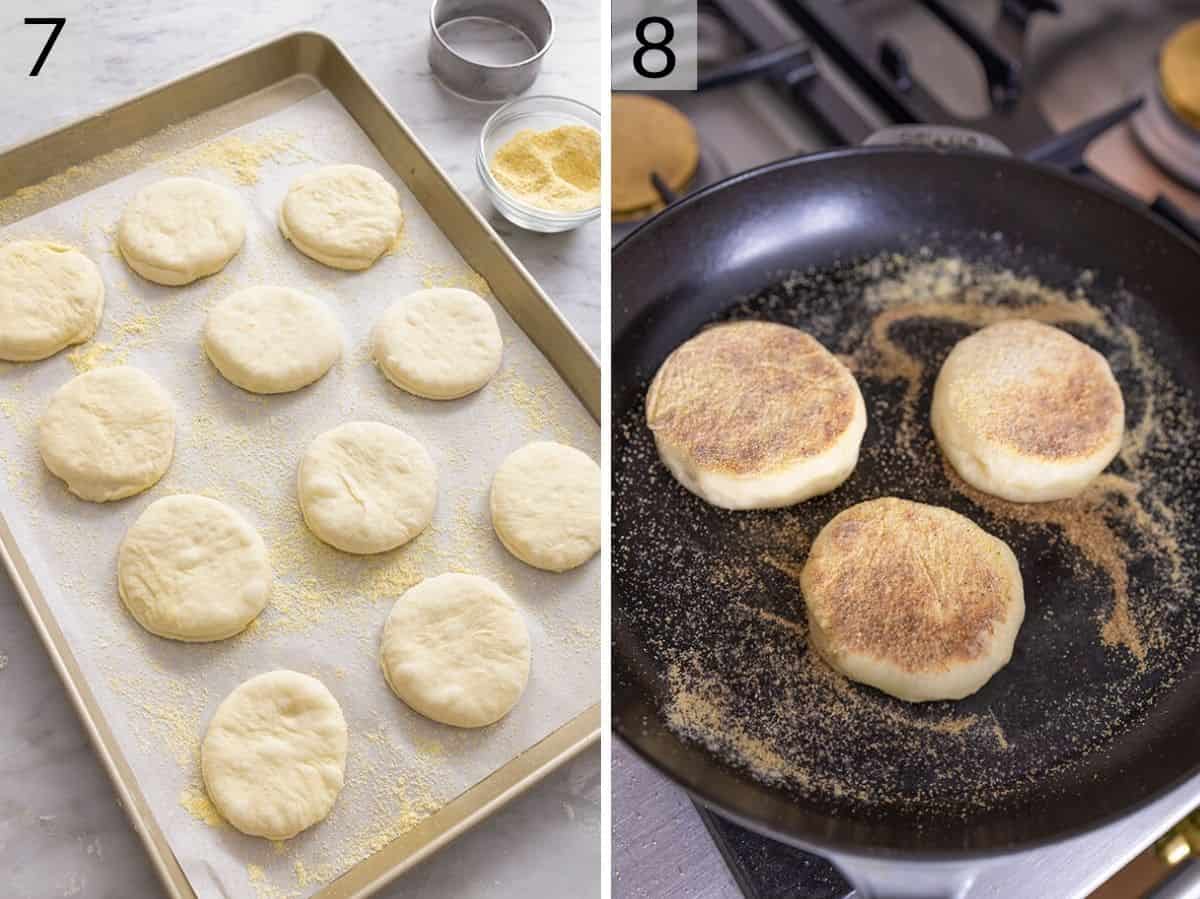 Two photos showing how to cook English muffins