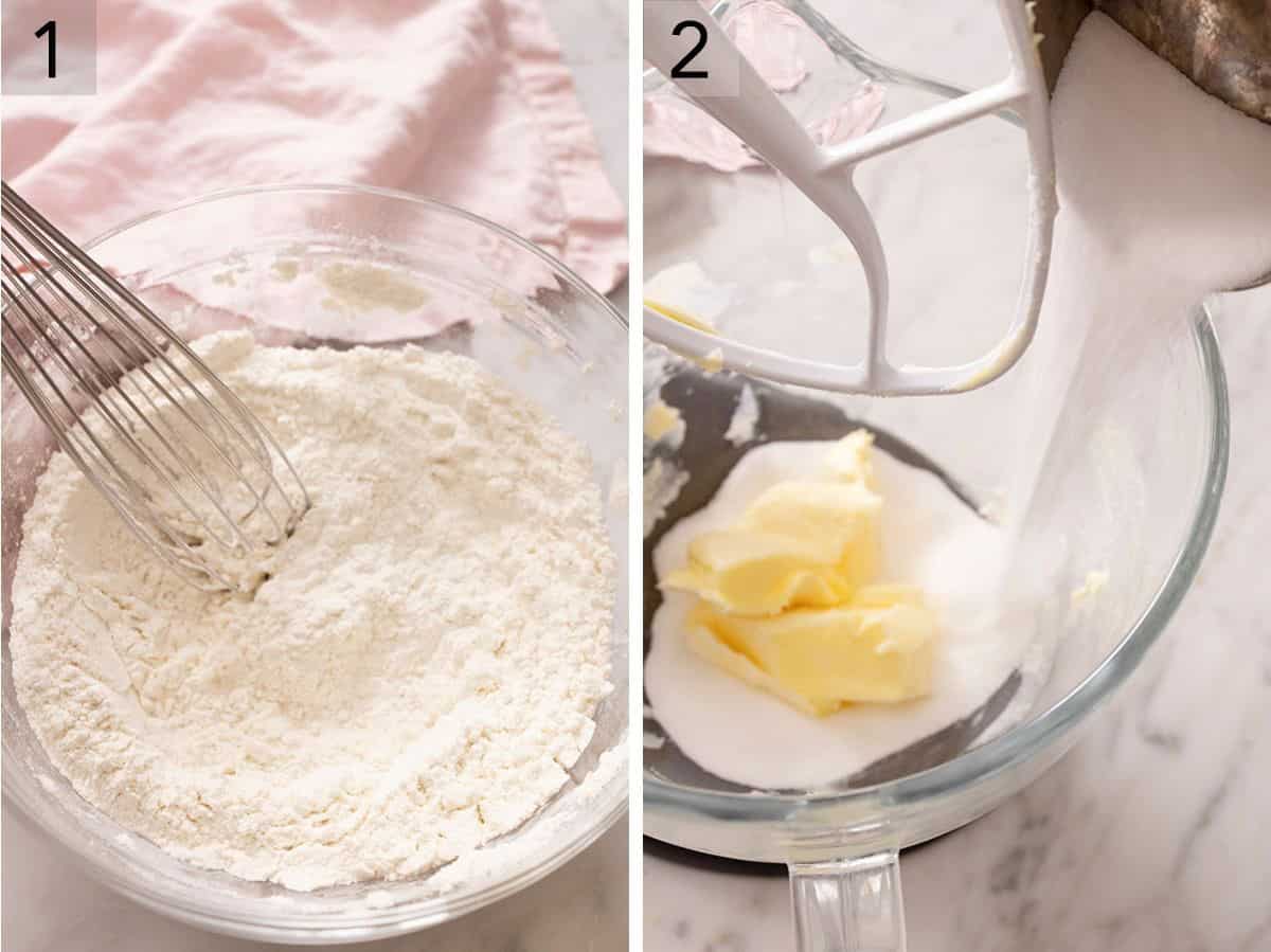 Set of two photos showing dry ingredients being mixed and then butter being creamed with sugar.