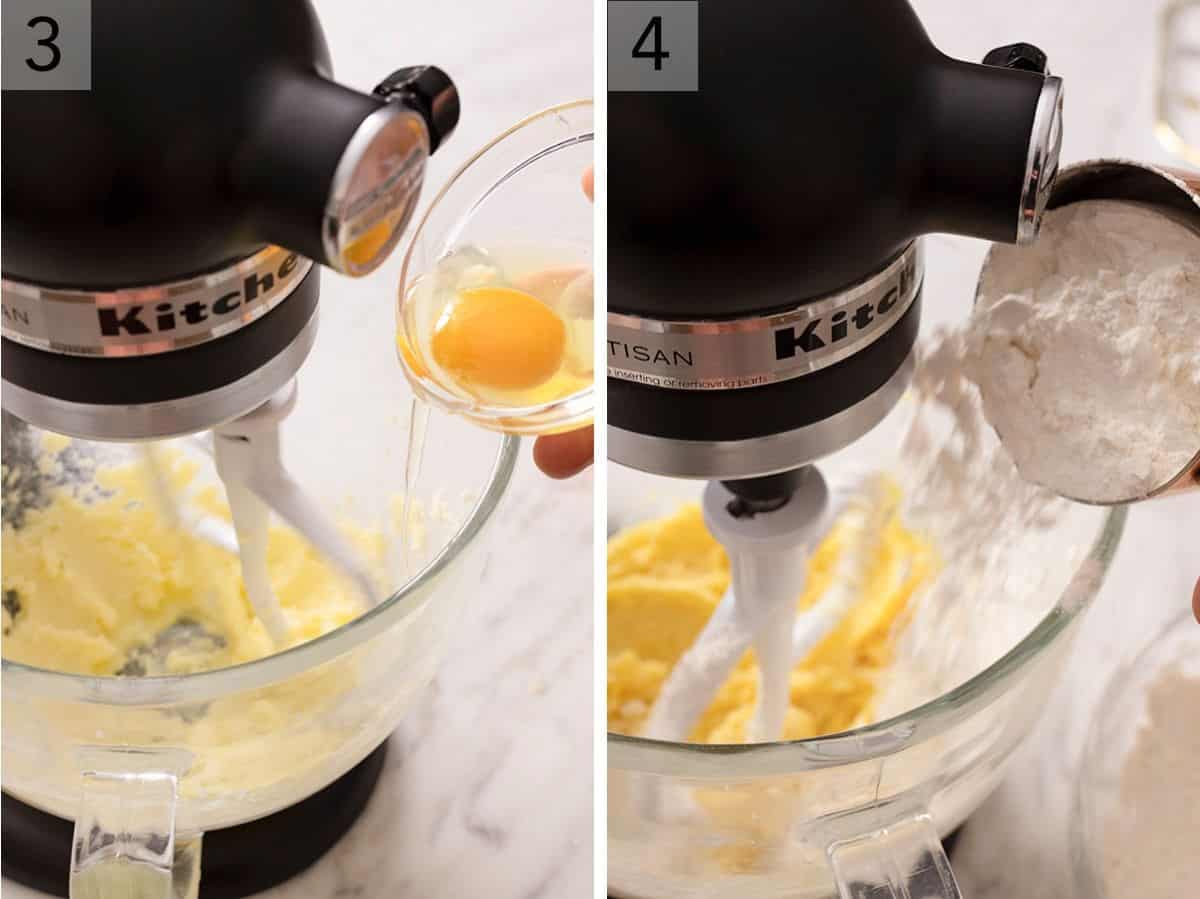 Set of two photos showing an egg being added to the mixer and then flour.