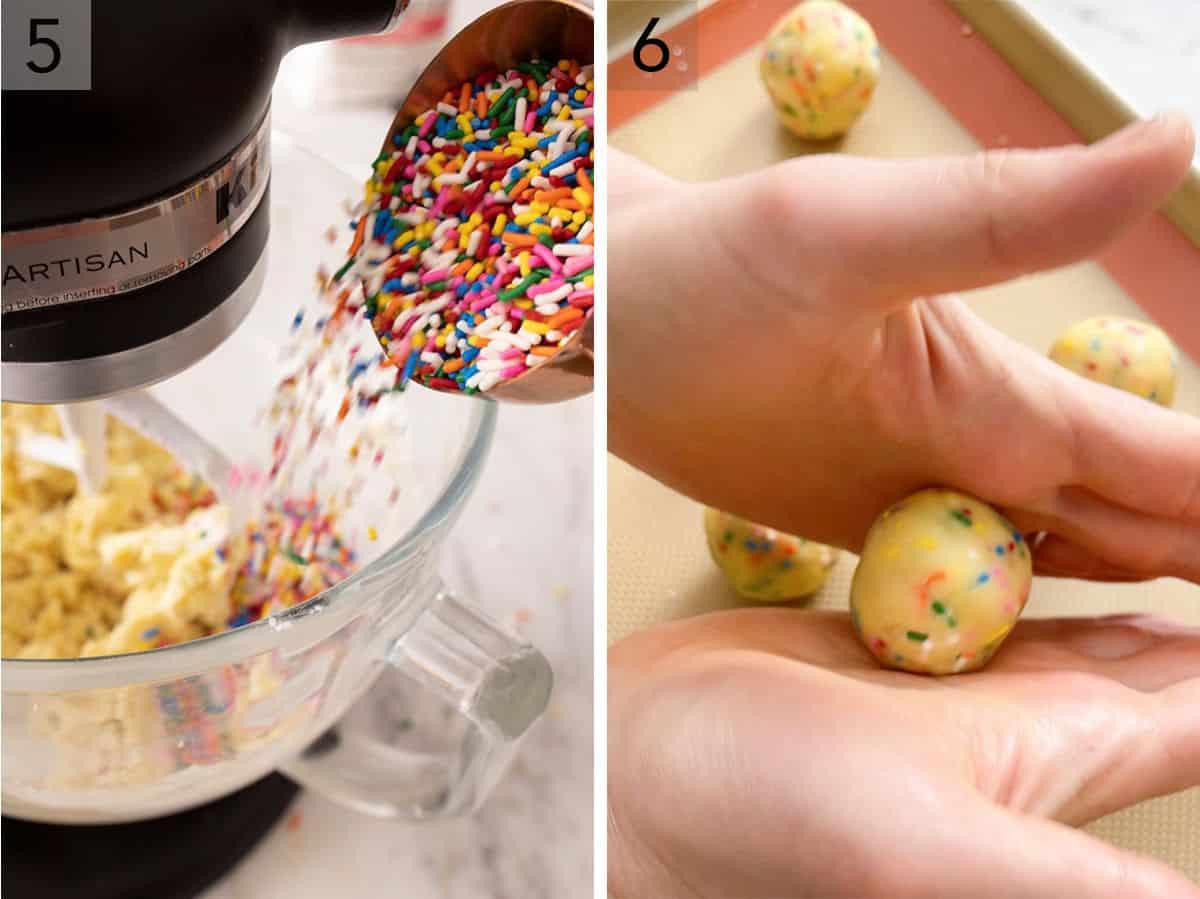 Set of two photos showing sprinkles being added to the mixer and dough rolled into a ball.