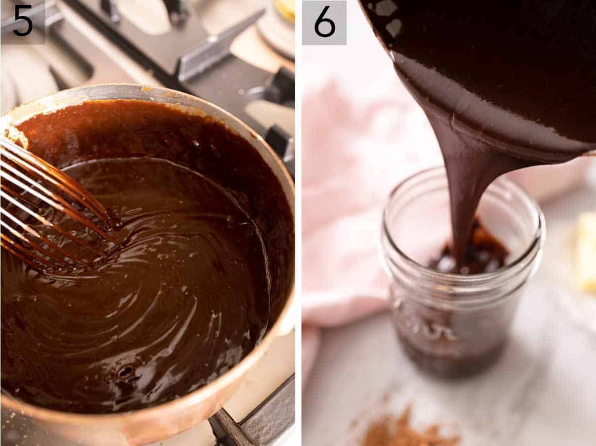 Set of two photos showing the hot fudge being stirred and then poured into a mason jar.
