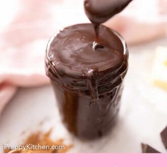 Pinterest graphic of a spoon scooping out hot fudge from a glass jar.