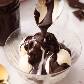 Pinterest graphic of a spoon drizzling hot fudge over a bowl of vanilla ice cream.