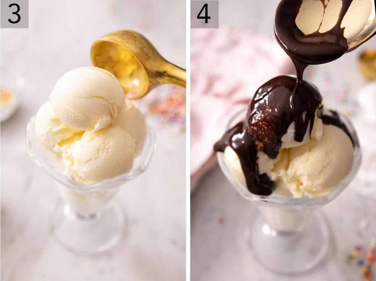 Set of two photos showing vanilla ice cream added to a glass and then fudge being poured over top.