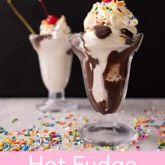 Pinterest graphic of two glasses of hot fudge sundaes.