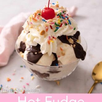 Pinterest graphic of a bowl of chocolate hot fudge sundae with whipped cream and sprinkles.